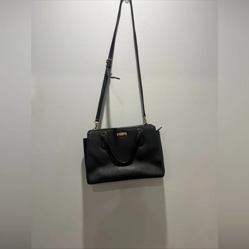 KATE SPADE Saffiano Black Leather Medium Square Tote Bag Purse/Crossbody‎